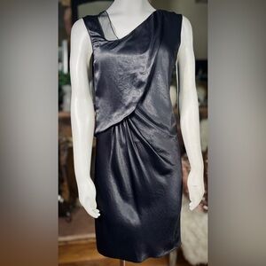 Helmut Lang Black Wrinkled Satin Asymmetrical Knee Length Dress, Sz 4 & 6